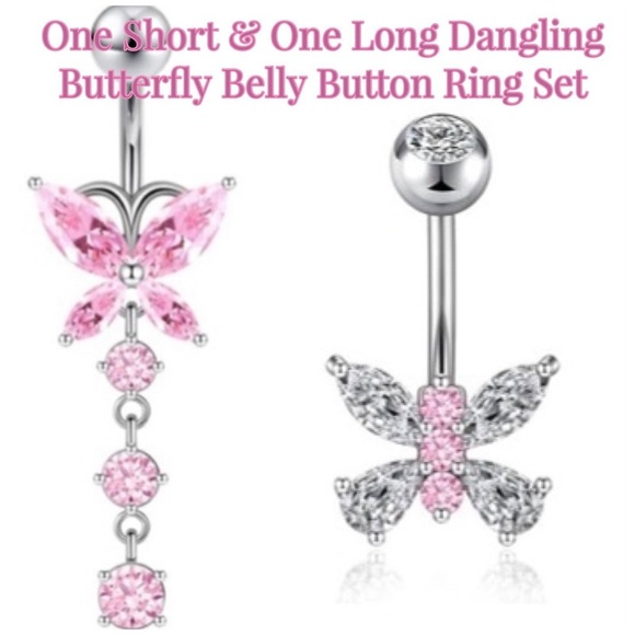 Only $15! Set of 2 Pink Butterfly Belly Button Rings, 1 Stud & 1 Dangle! - Picture 1 of 15